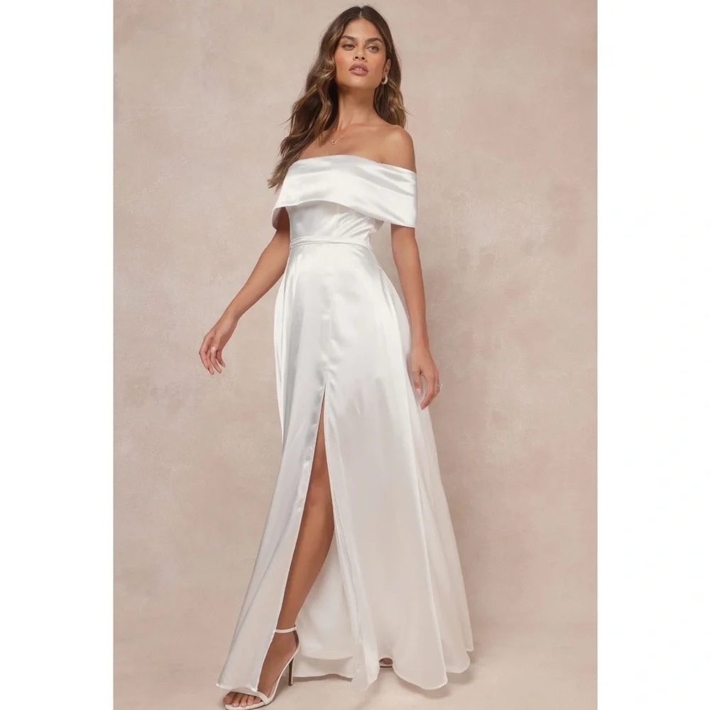 NWOT Lulu’s Greatest Hits Satin Off-the-Shoulder Wedding Maxi Dress Gown Large - Picture 4 of 15